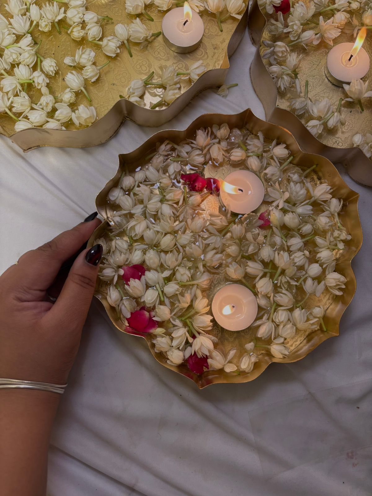 Saanjh Lotus-Shaped Flat Brass Urli – Set of 3